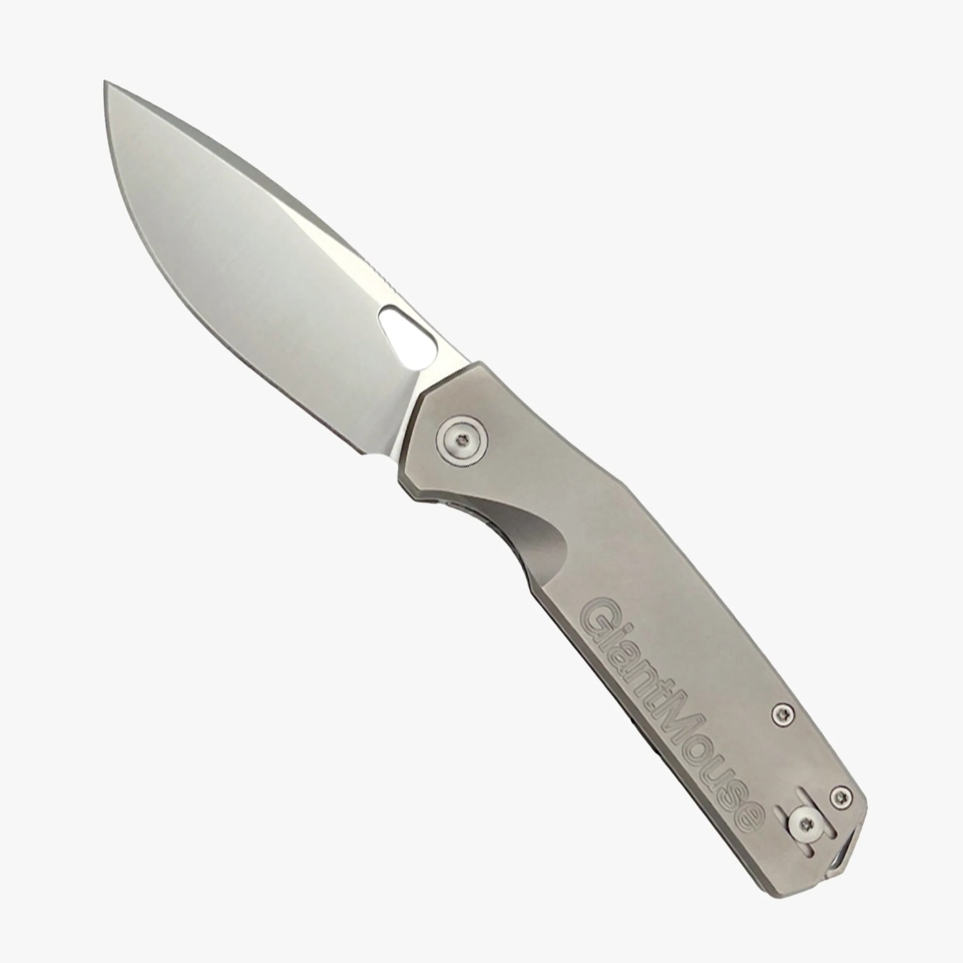 Silver folding knife with a drop point blade and a handle engraved with "GiantMouse.