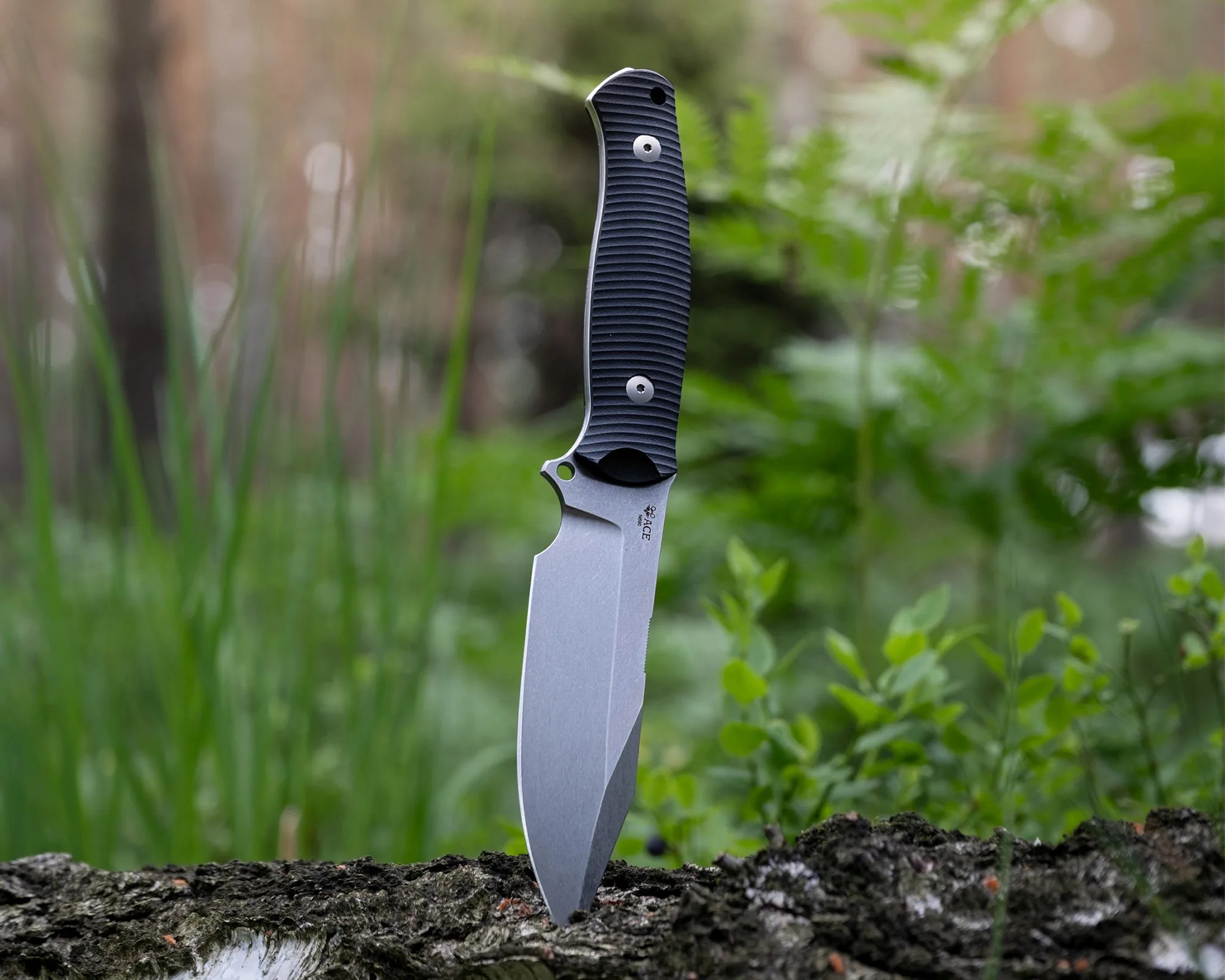 Knife with a black textured handle and a stonewashed blade stuck into a tree trunk outdoors.