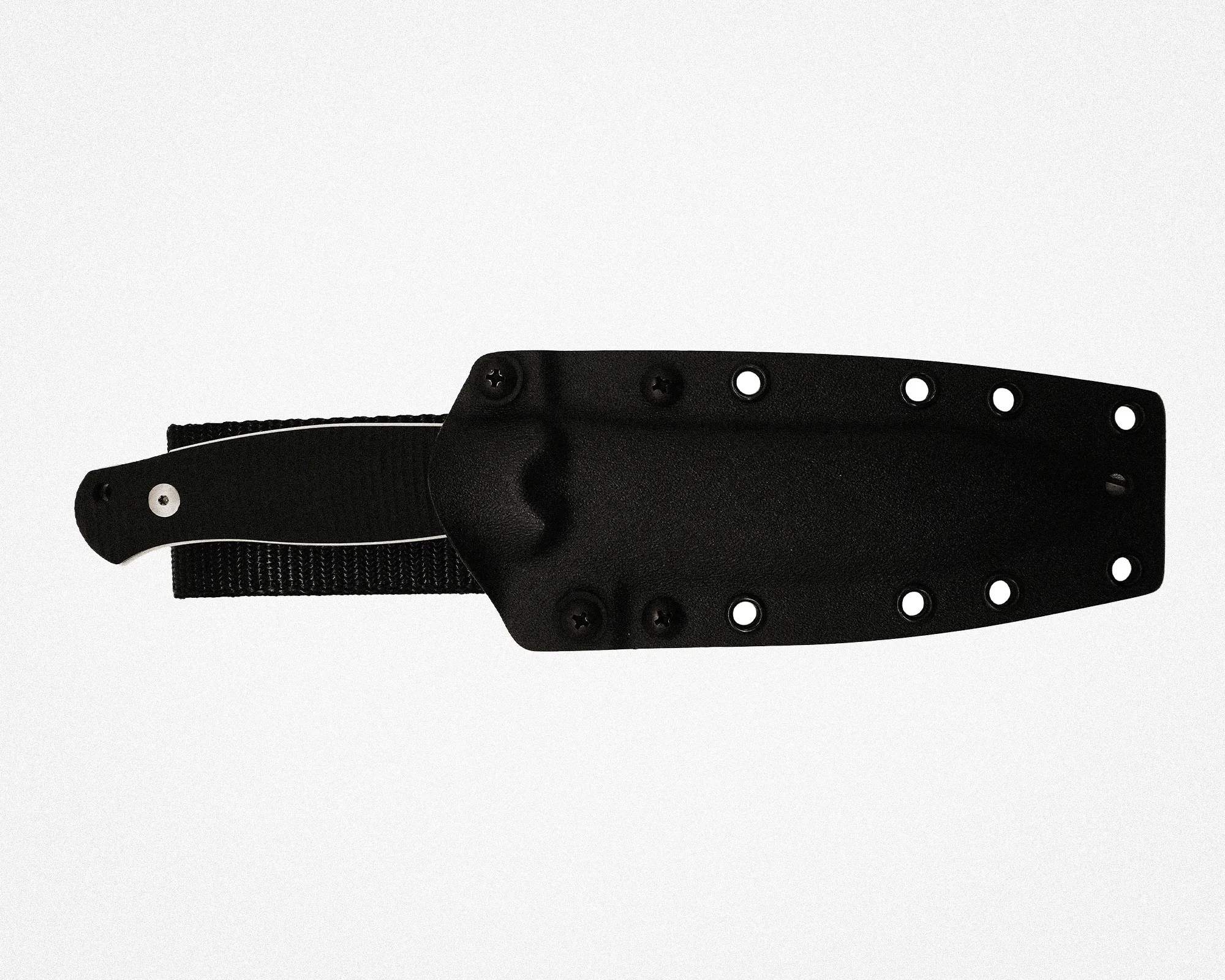 Black knife sheath with multiple rivet holes and a black nylon strap attached.