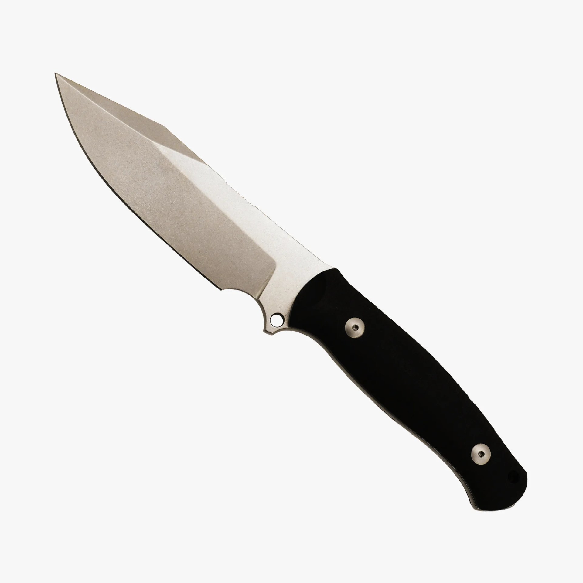 Knife with a stonewashed stainless steel blade and black handle with metal rivets.