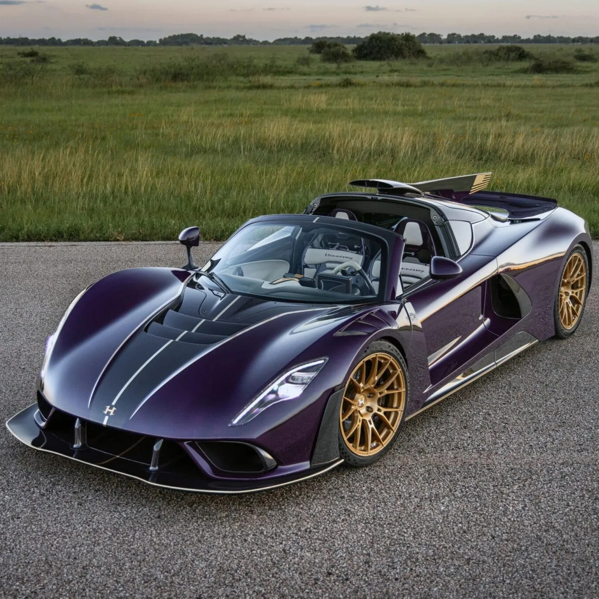 Purple Hennessey Venom F5 convertible with gold wheels parked on asphalt near grassy field.
