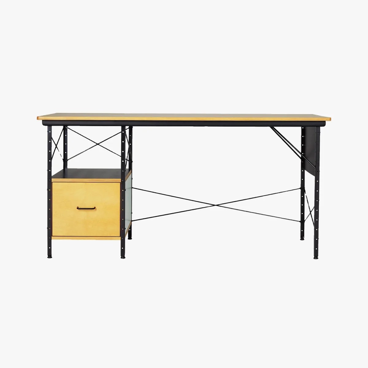 Wood and black metal desk with a single drawer and open shelf on the left side.