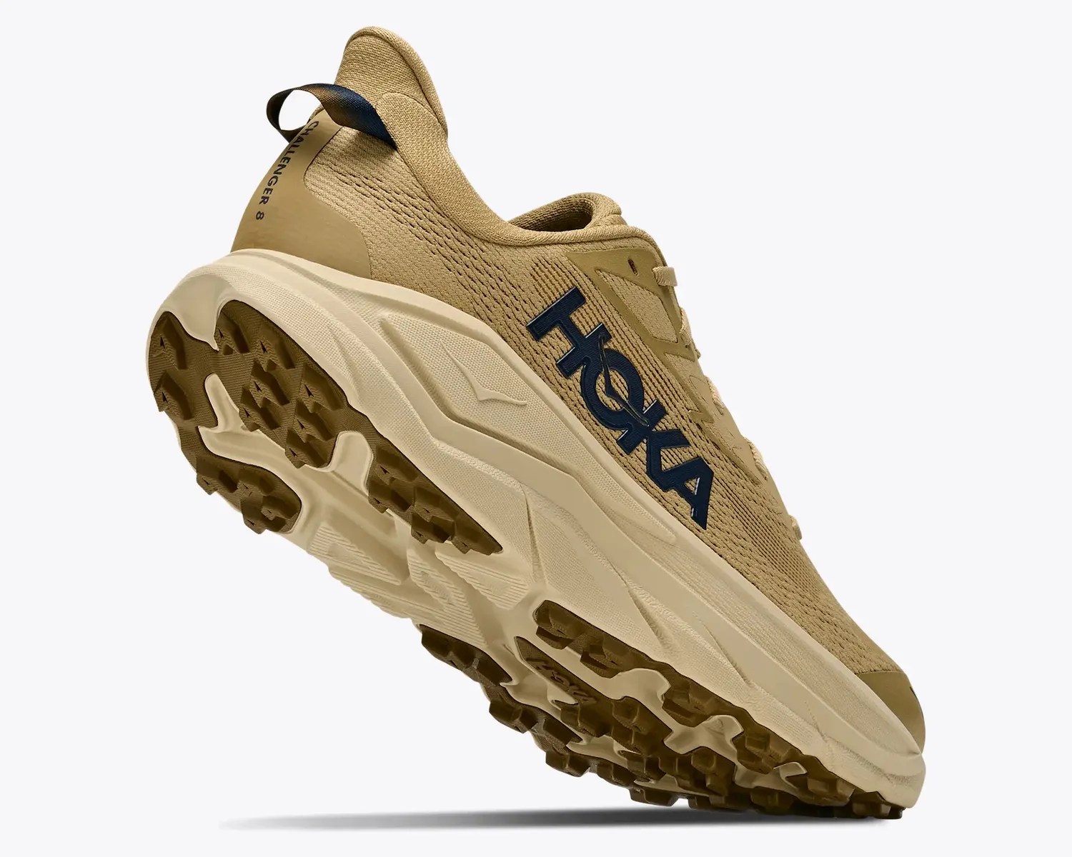 Tan Hoka Challenger 8 running shoe with thick beige sole and black logo on side.