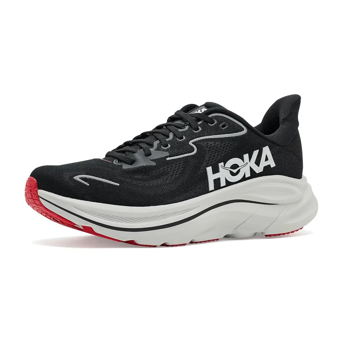 Black Hoka running shoe with white midsole and red outsole accents, featuring large white HOKA logo on the side.