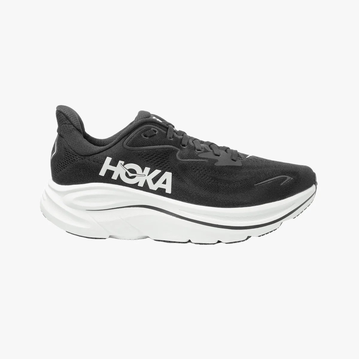 Black HOKA running shoe with white thick sole and white logo on the side.