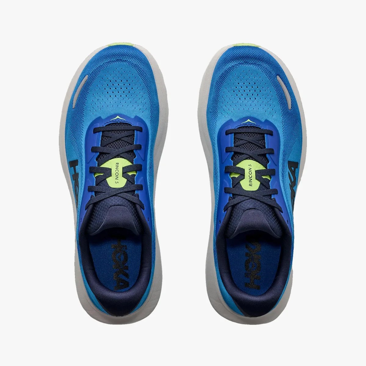 Pair of blue Hoka Rincon 5 running shoes with black laces and white soles, viewed from above.