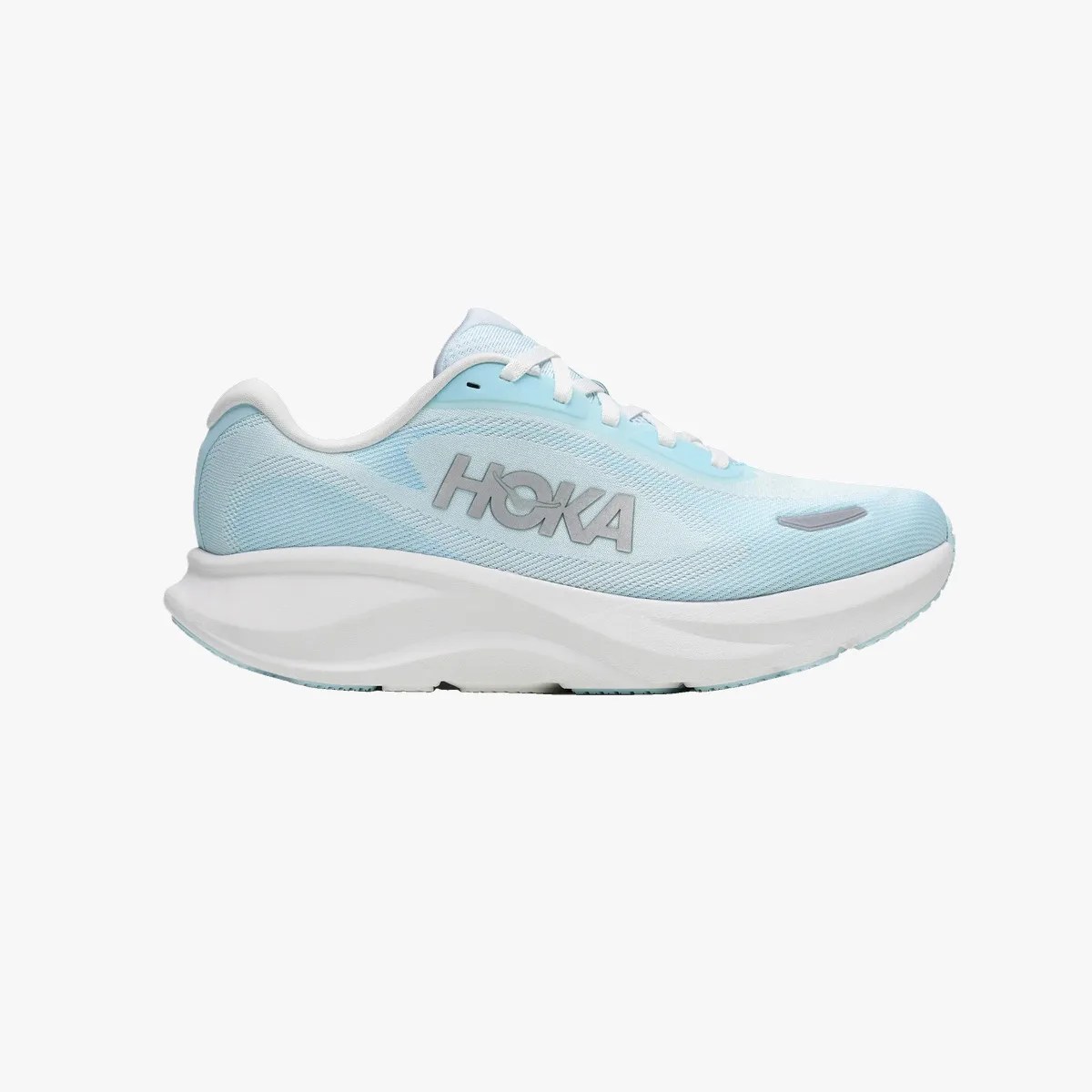 Light blue Hoka running shoe with white sole and white laces shown from the side.