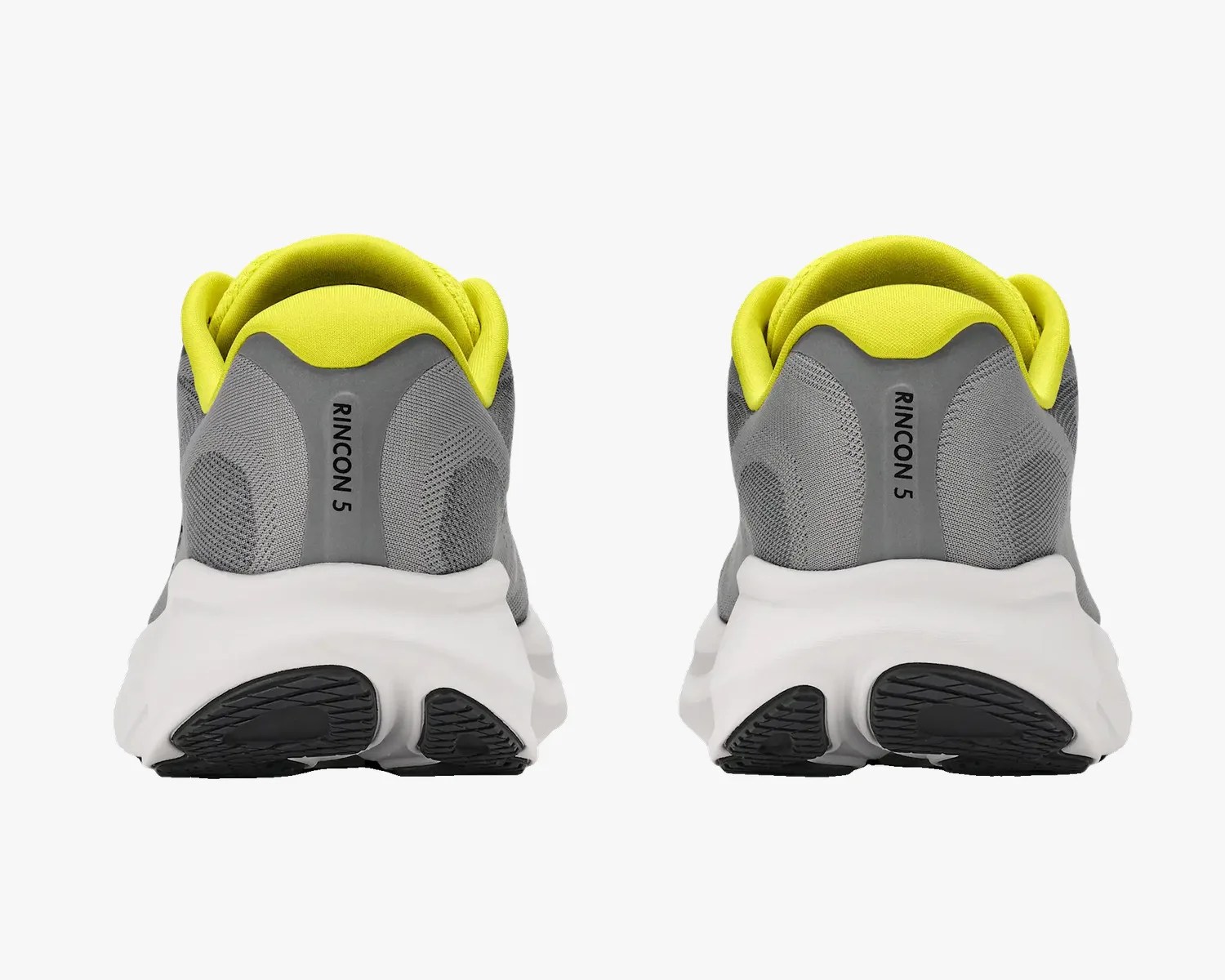 Pair of gray and neon yellow Rincon 5 running shoes viewed from the back with white midsoles and black outsoles.