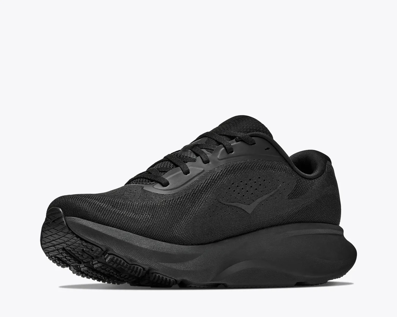 All-black running shoe with mesh upper, thick cushioned sole, and lace-up closure.