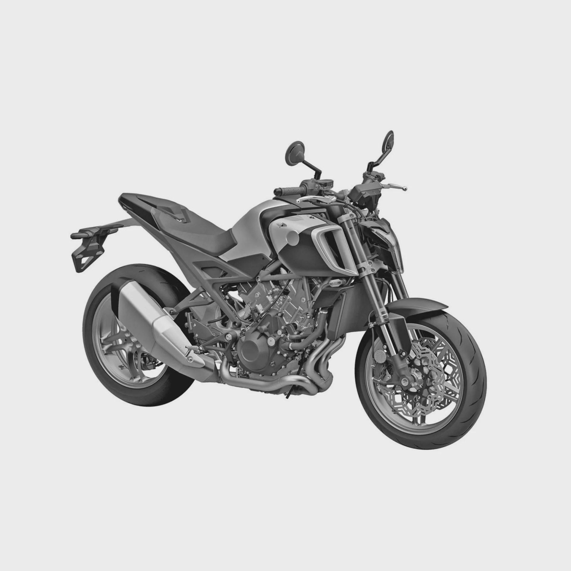 Matte black and silver sport motorcycle with exposed engine and dual disc front brakes on a white background.