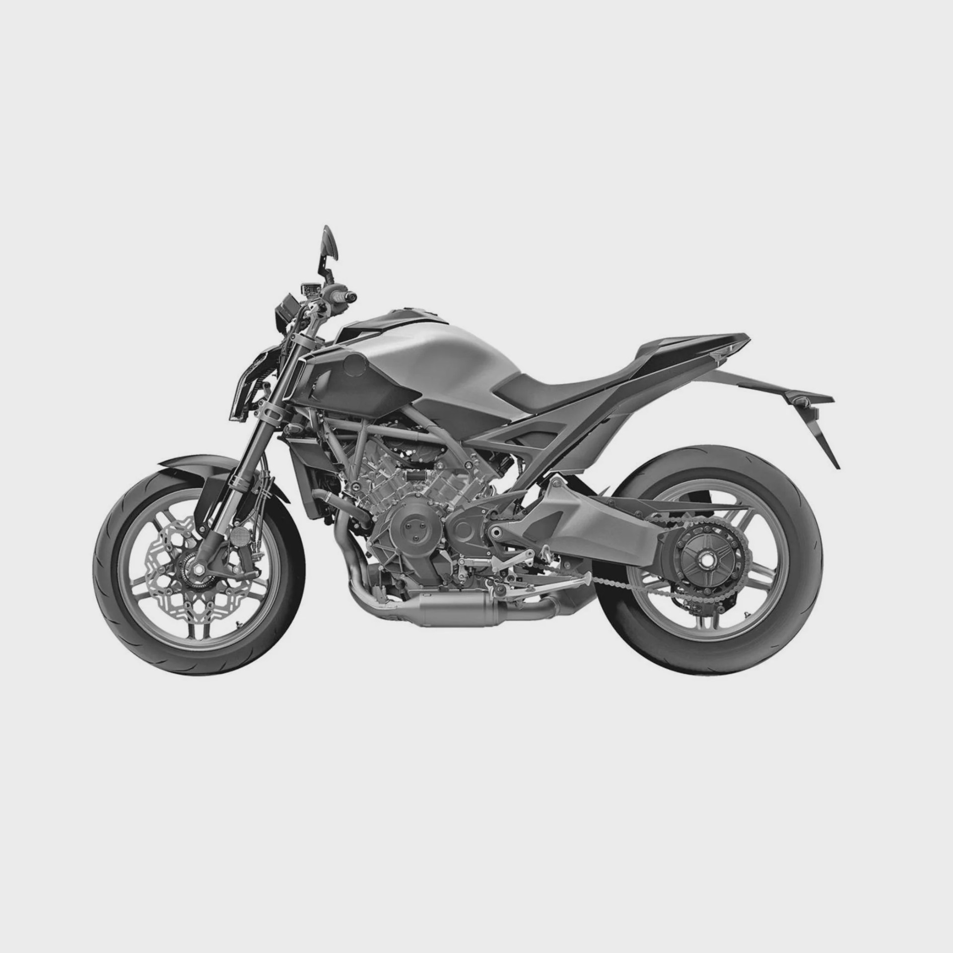 Matte black sport motorcycle with exposed engine and single rear shock absorber on a plain background.