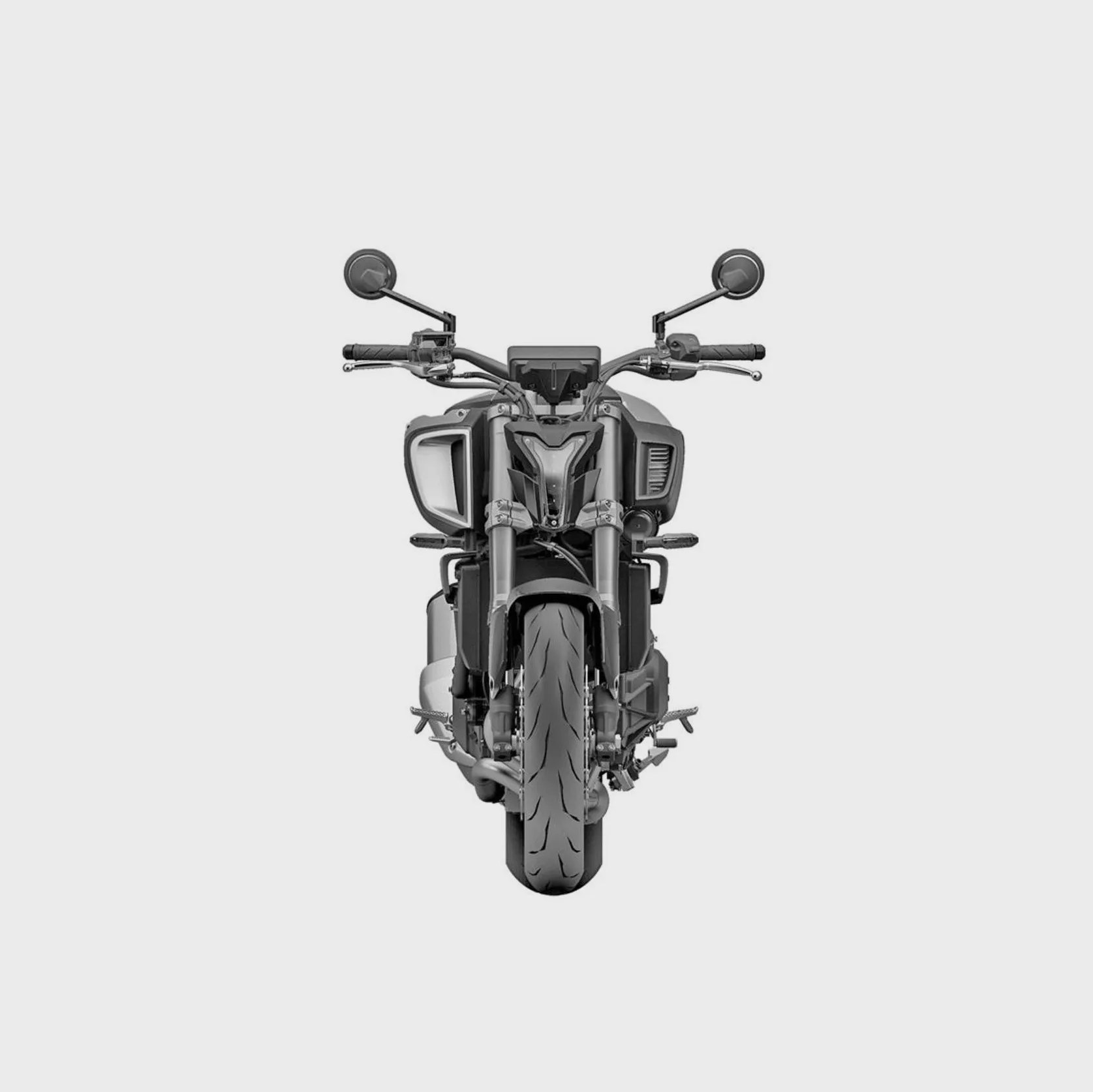 Front view of a black motorcycle with round mirrors and a wide front tire against a plain light background.