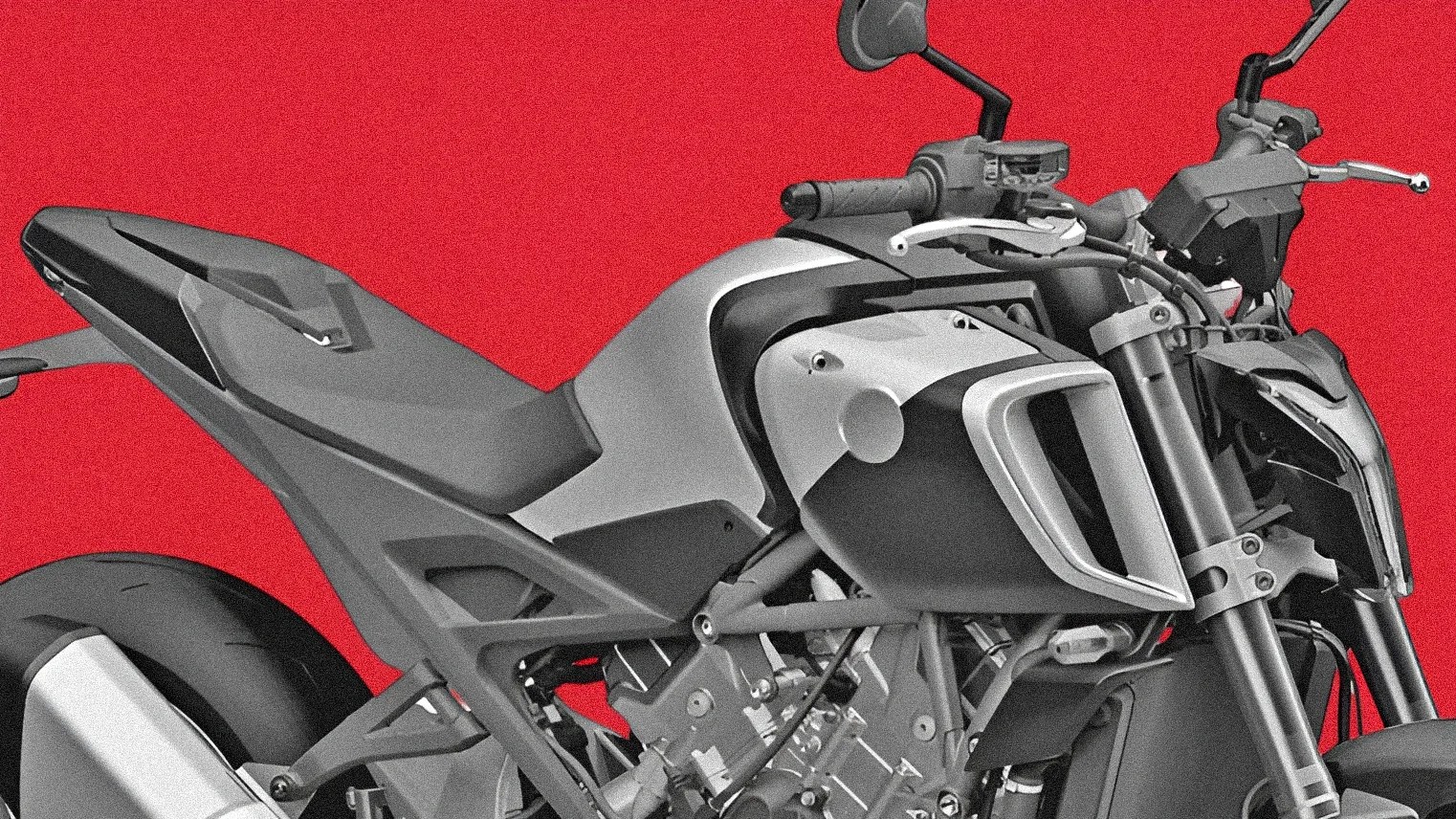 Close-up of a modern motorcycle with a matte black and silver finish against a red background.