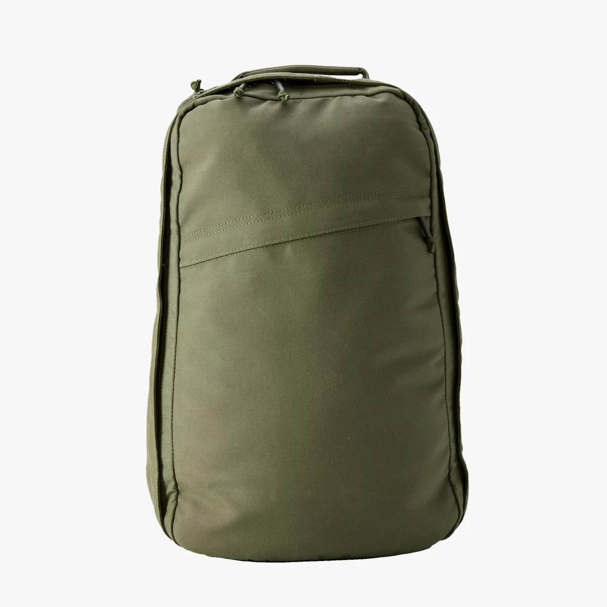 Olive green rectangular backpack with a top handle and diagonal front zipper pocket.