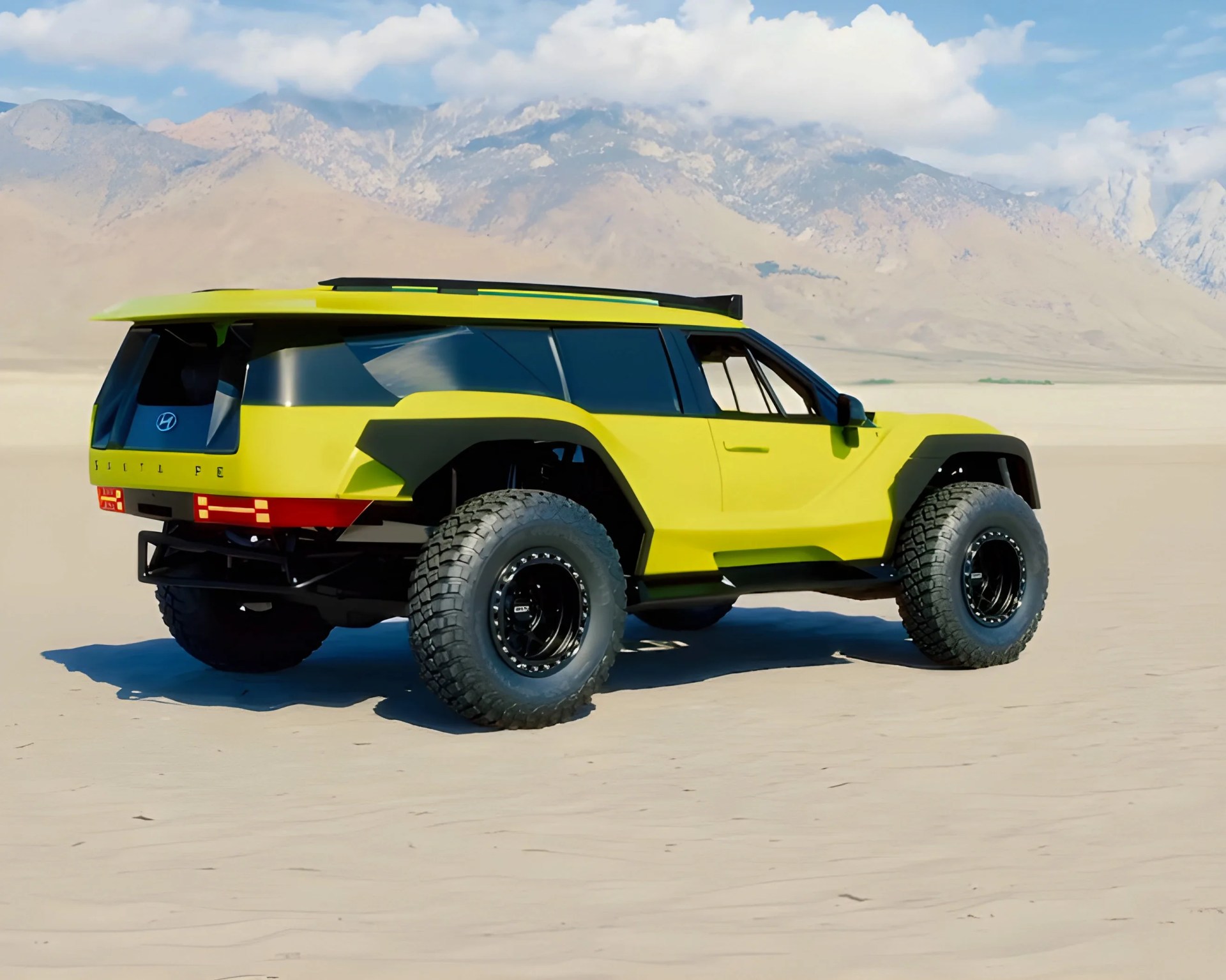 Bright yellow Hyundai off-road SUV with large tires on a desert landscape with mountains in the background.