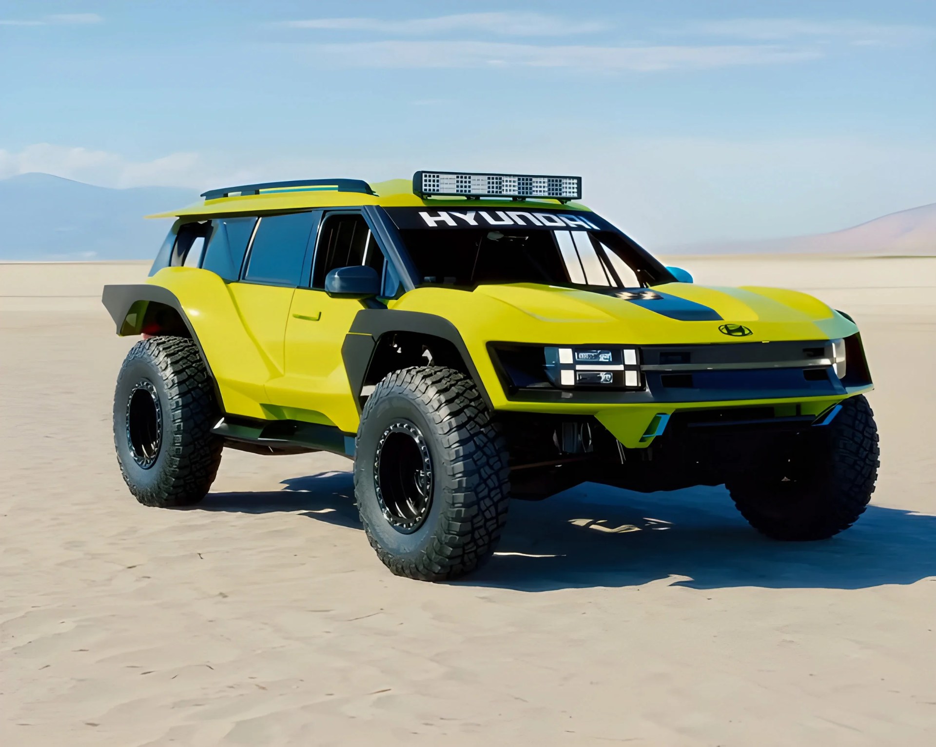 Bright yellow Hyundai off-road vehicle with large tires and roof light bar on a sandy desert background.