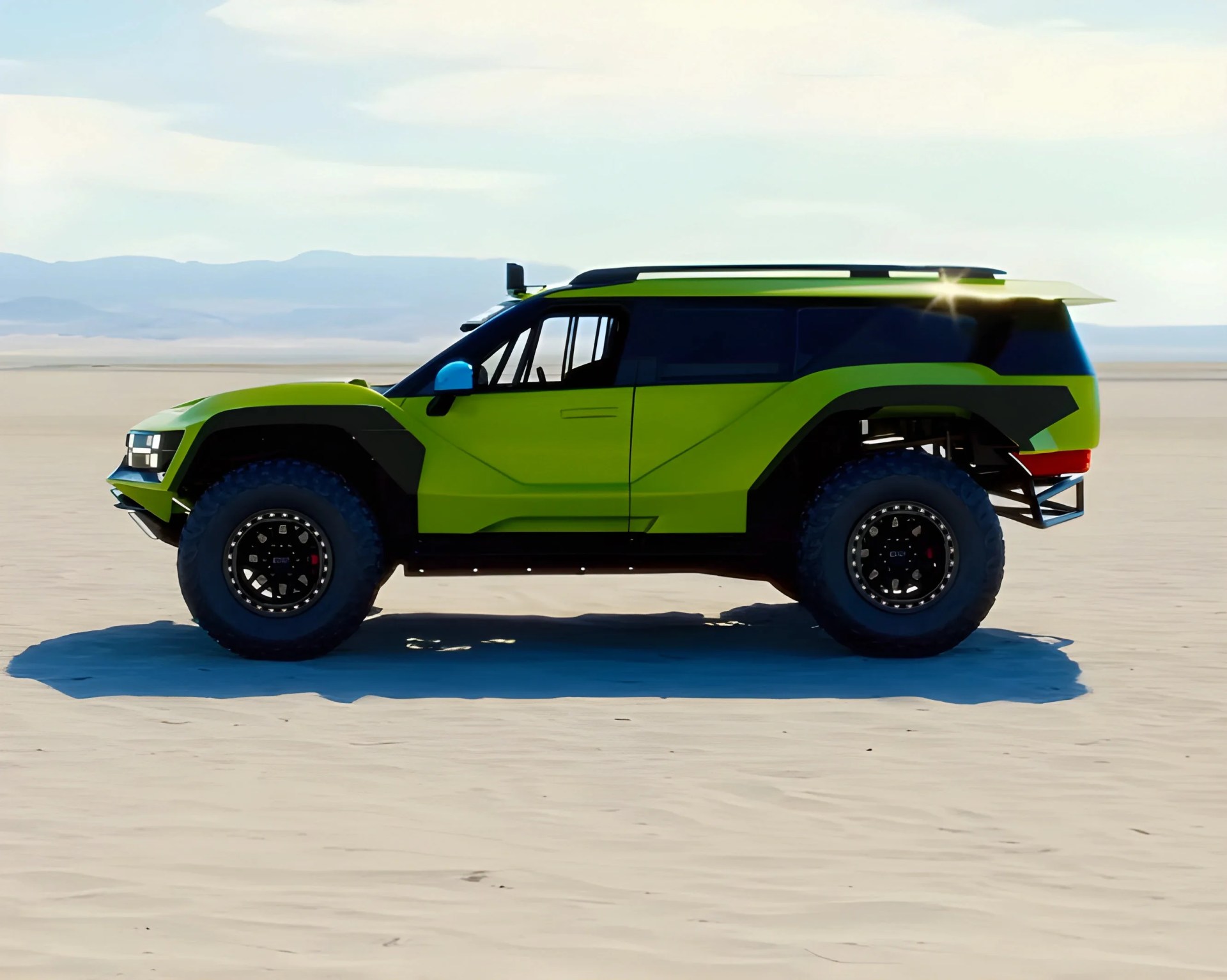 Bright green off-road SUV with large tires and black accents parked on a sandy desert plain.