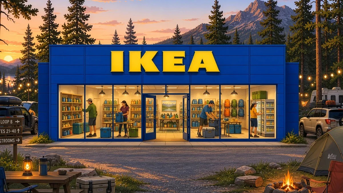 Blue IKEA store with large yellow logo, stocked with camping gear, set in a forested mountain campsite at sunset.