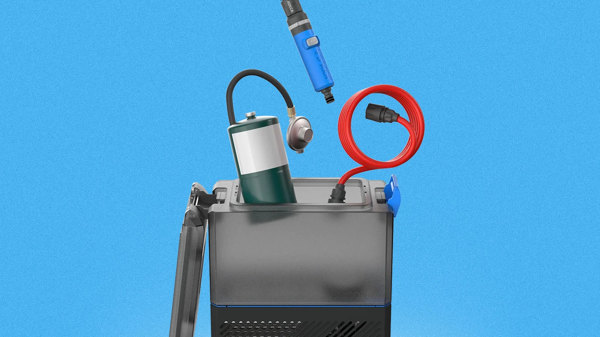 Black portable power station with open lid showing a green propane tank, red coiled cable, and blue device against a blue background.