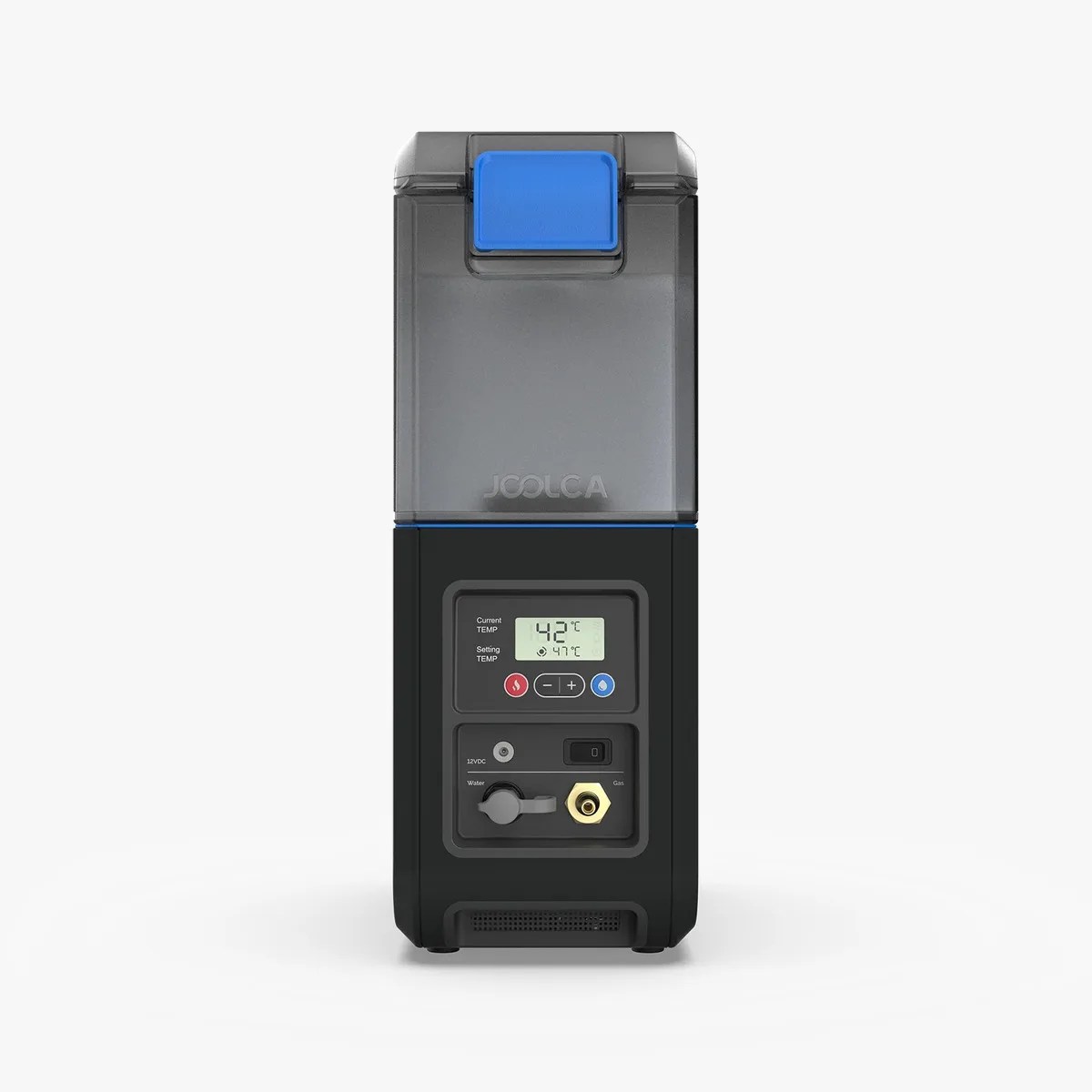 Black and gray Joolca device with digital temperature display and control buttons, featuring water and gas connectors.