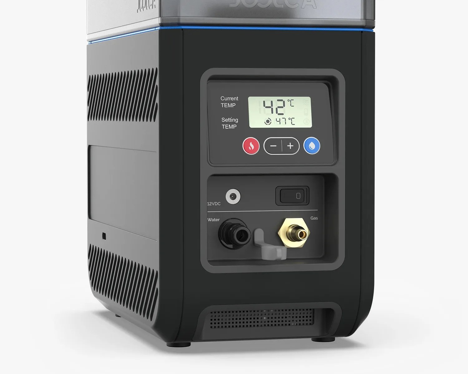 Black and gray rectangular device with digital temperature display, control buttons, water and gas connectors, and a power switch.