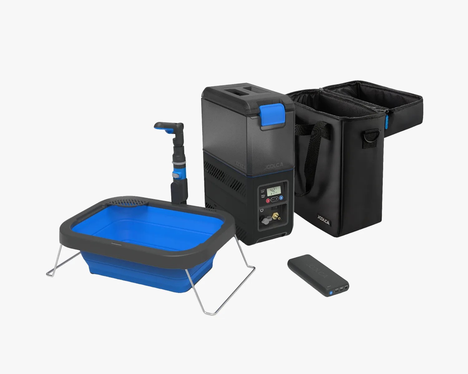 Portable black and blue camping shower system with collapsible basin, carrying bag, and power bank.