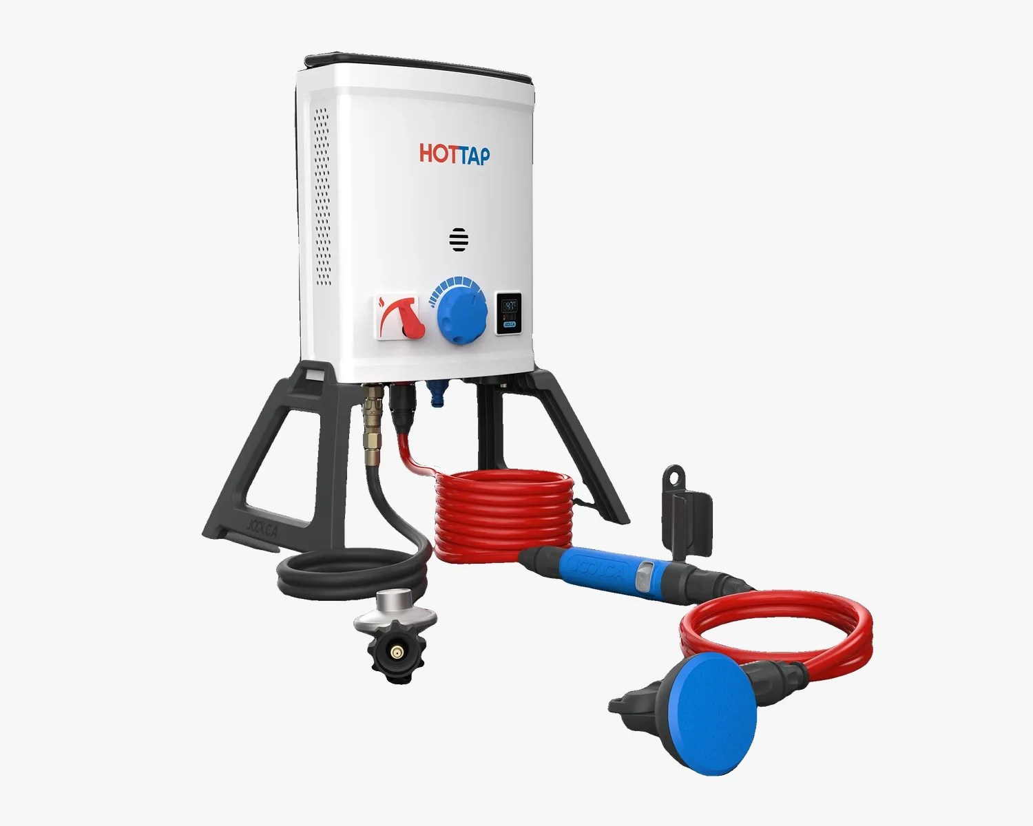 Portable white HOTTAP water heater with black stand, red and black hoses, and blue showerhead attachment.
