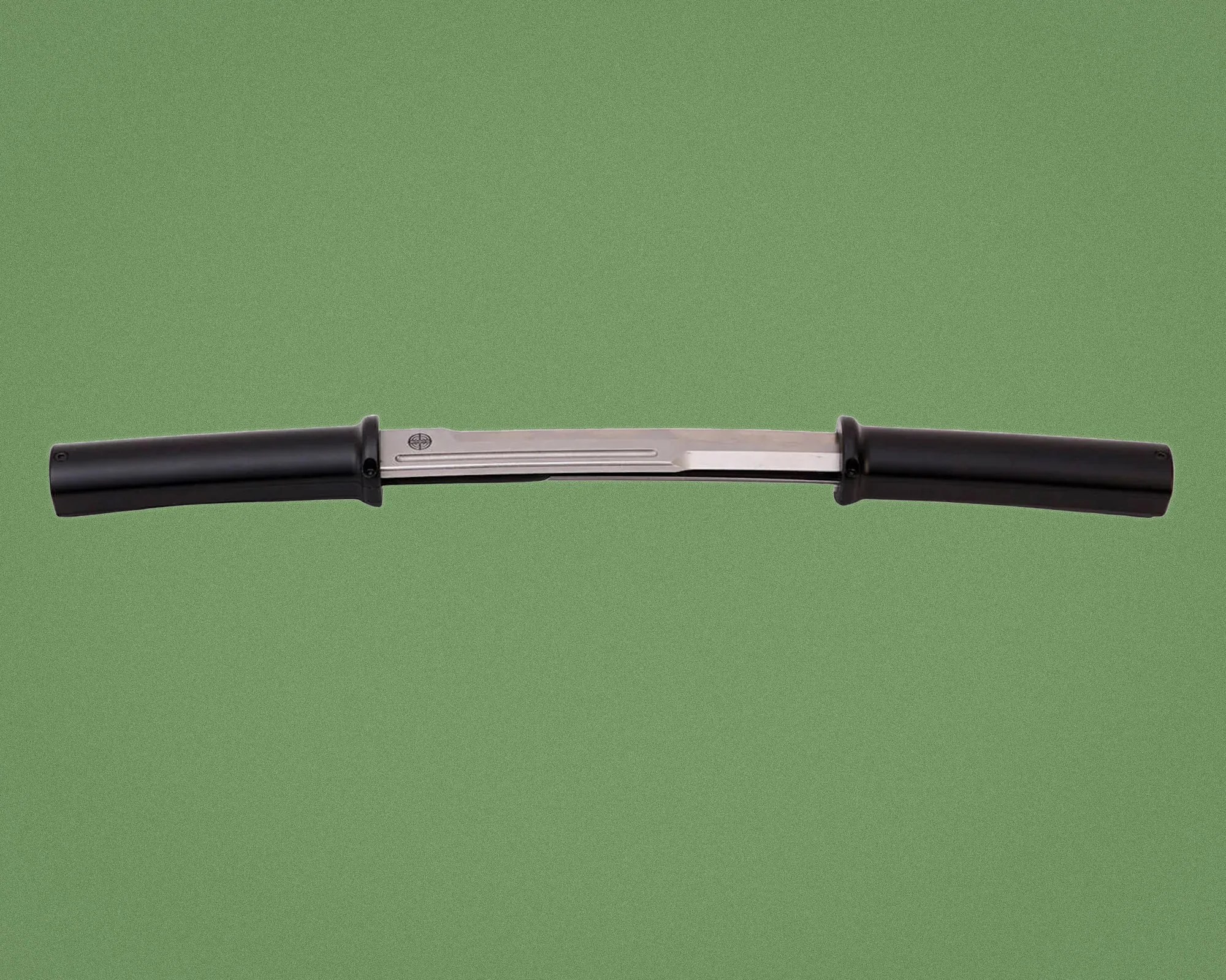 Curved stainless steel barbell with black cylindrical grips on both ends.
