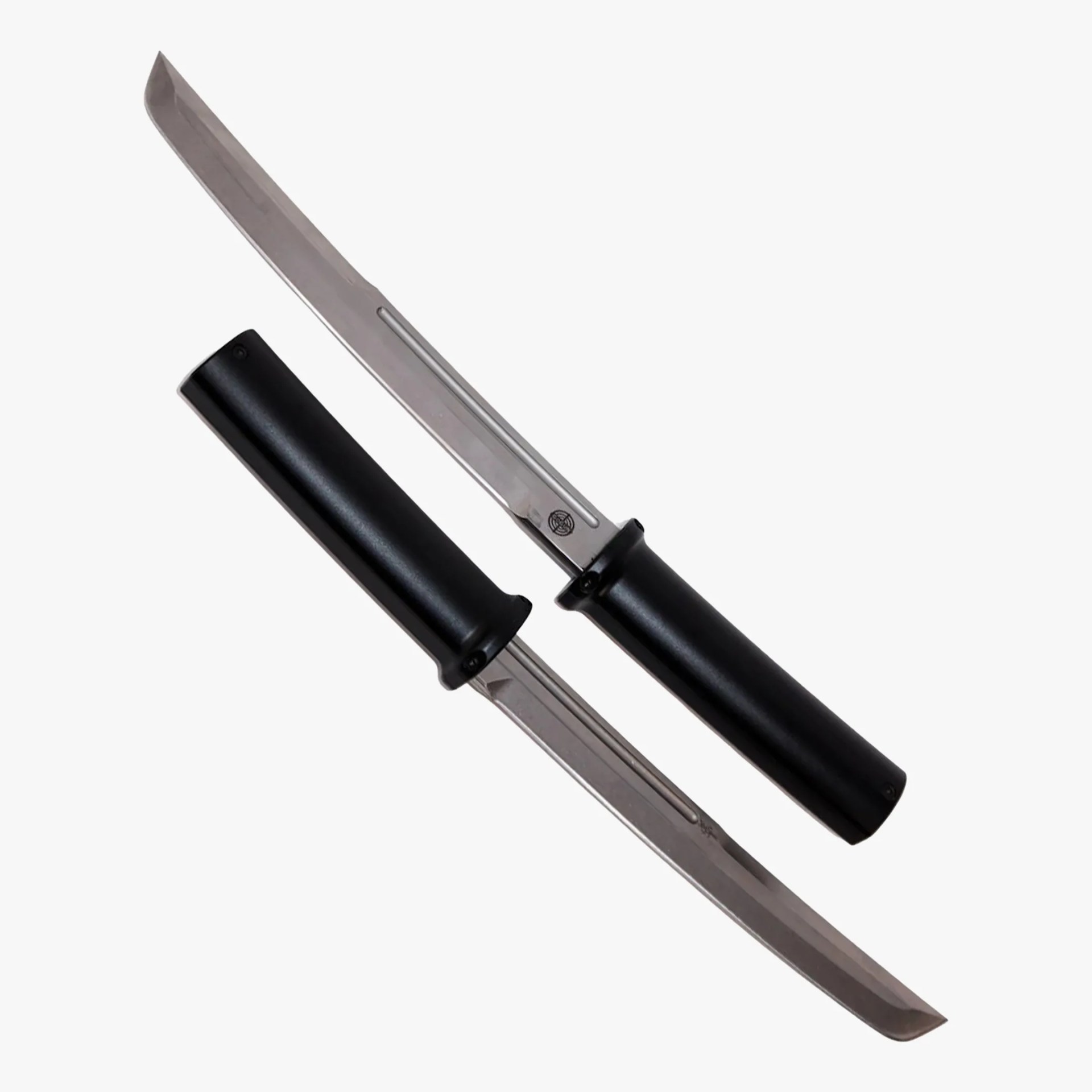 Straight-edged katana sword with a black handle and black scabbard on a white background.