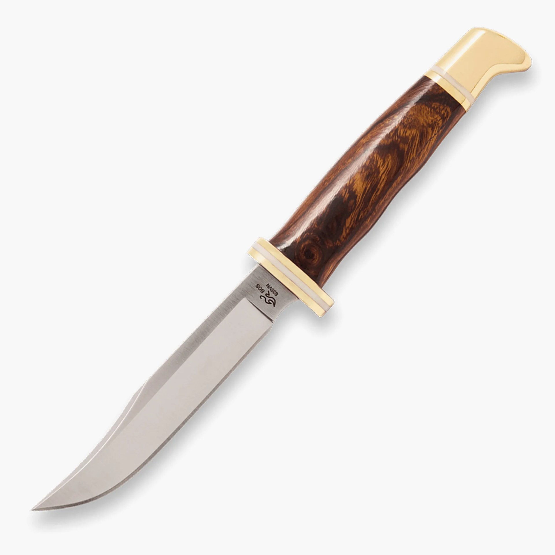 Knife with a polished wooden handle and brass pommel and guard, featuring a stainless steel blade.