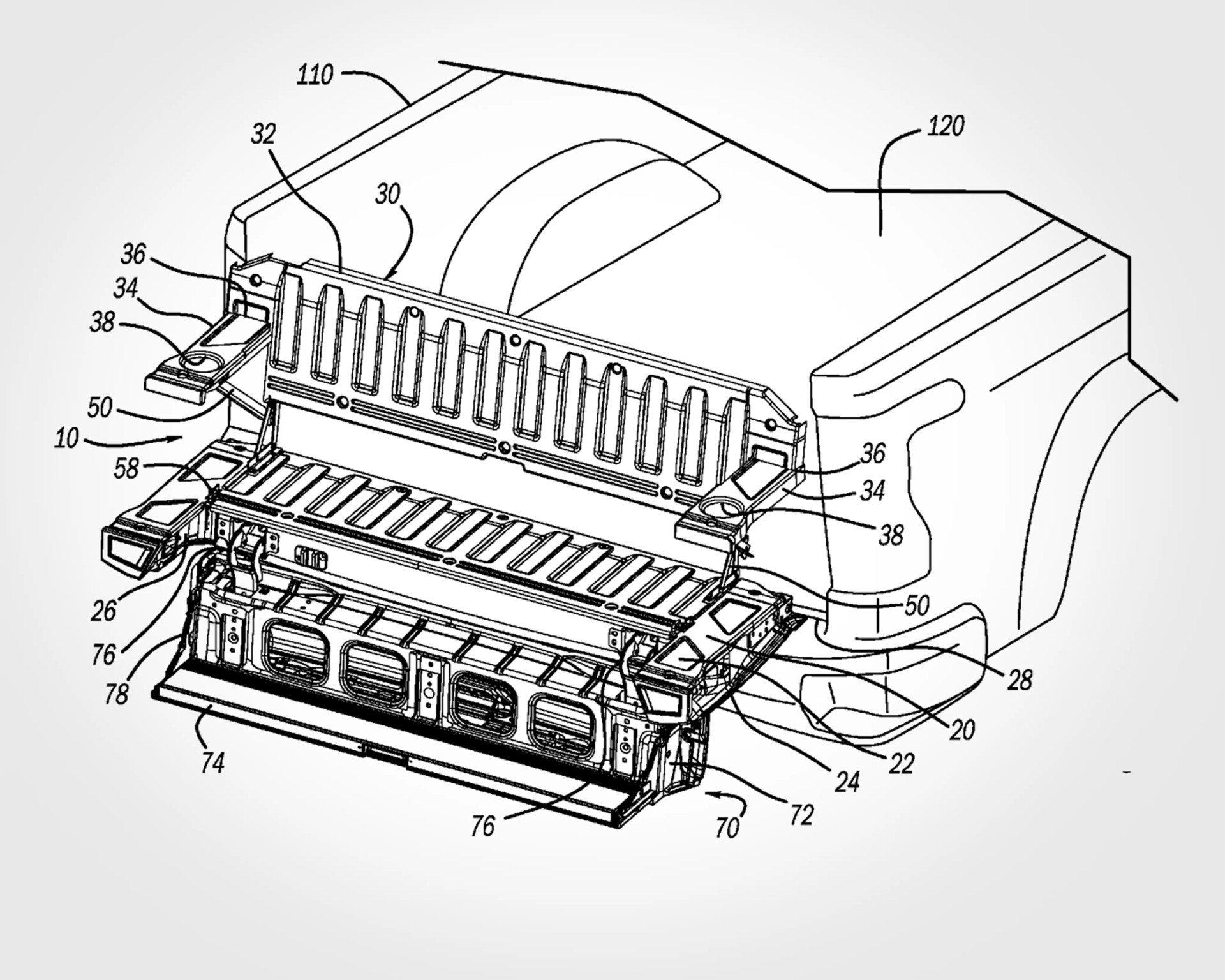 Technical drawing of a vehicle front end assembly with labeled components including grille, headlights, and bumper structure.