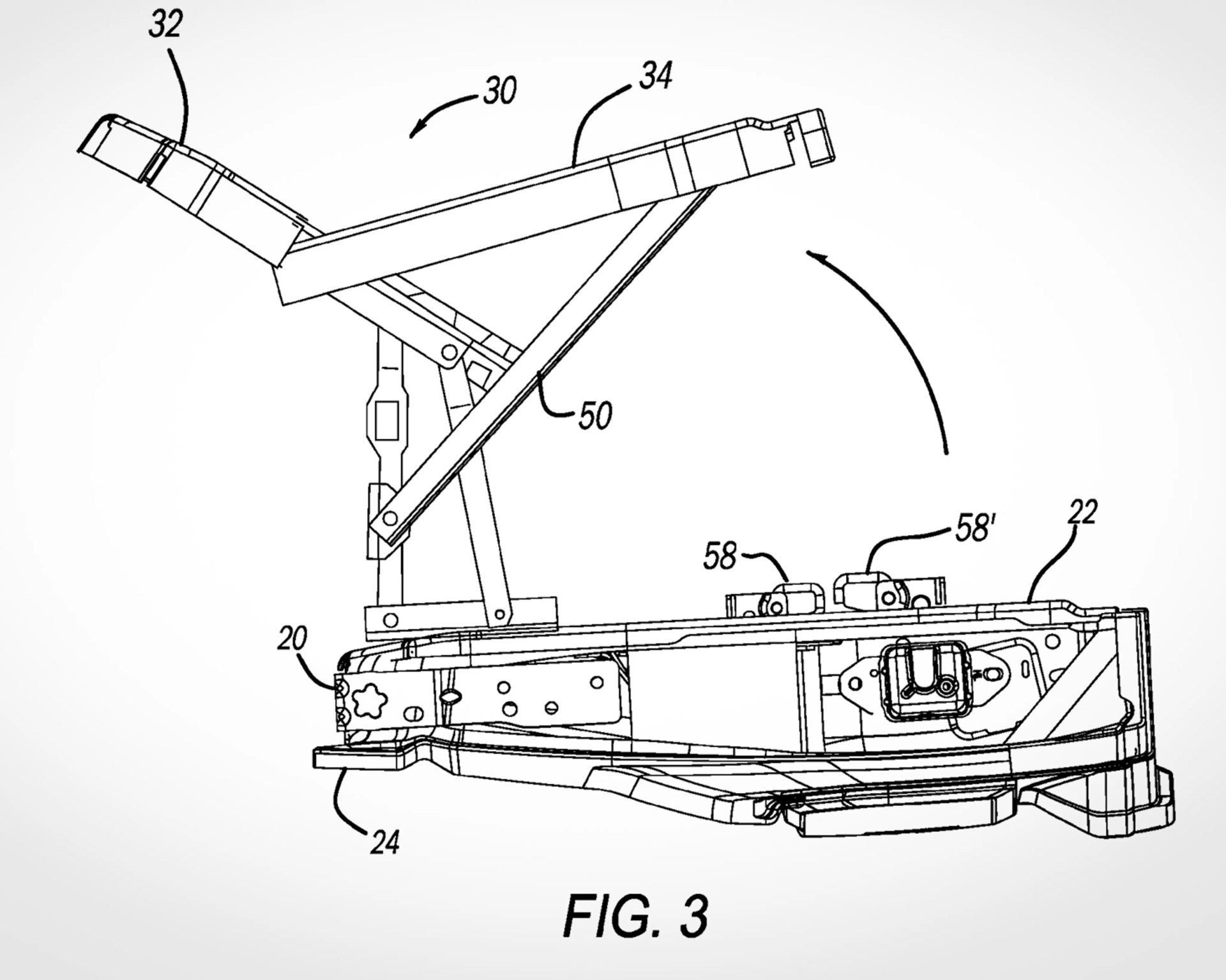 Technical drawing of a mechanical device with labeled parts including a hinged arm (30) and base components (20, 22, 24).