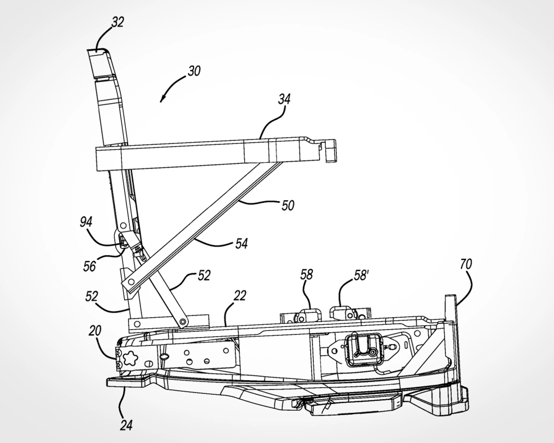 Technical line drawing of a mechanical chair with labeled parts including backrest, seat, support arms, and base frame.