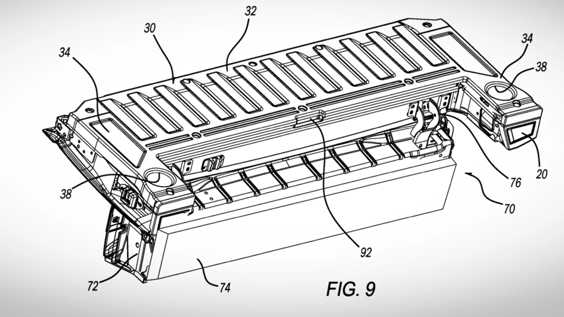 Technical line drawing of a rectangular mechanical or electronic component with numbered parts and connectors.