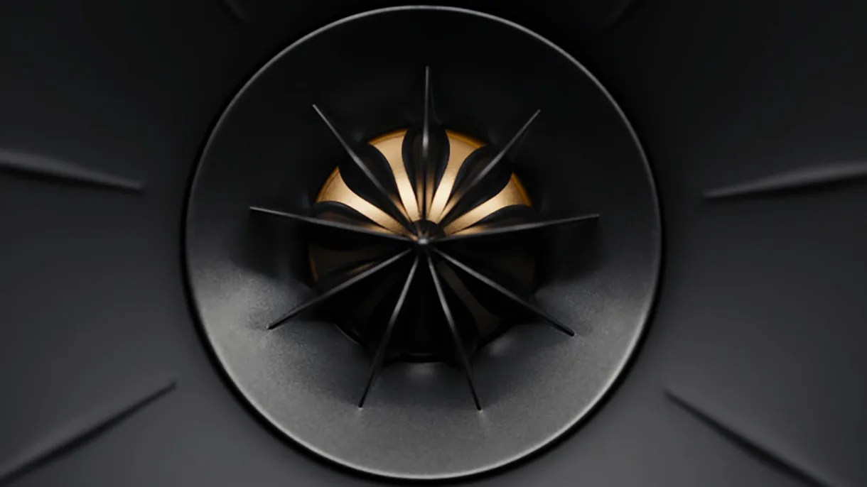 Close-up of a black speaker tweeter with a gold center and radial black fins.