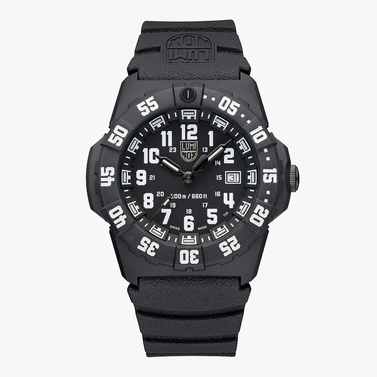 Black Luminox wristwatch with white numerals, date window at 3 o'clock, and textured black rubber strap.