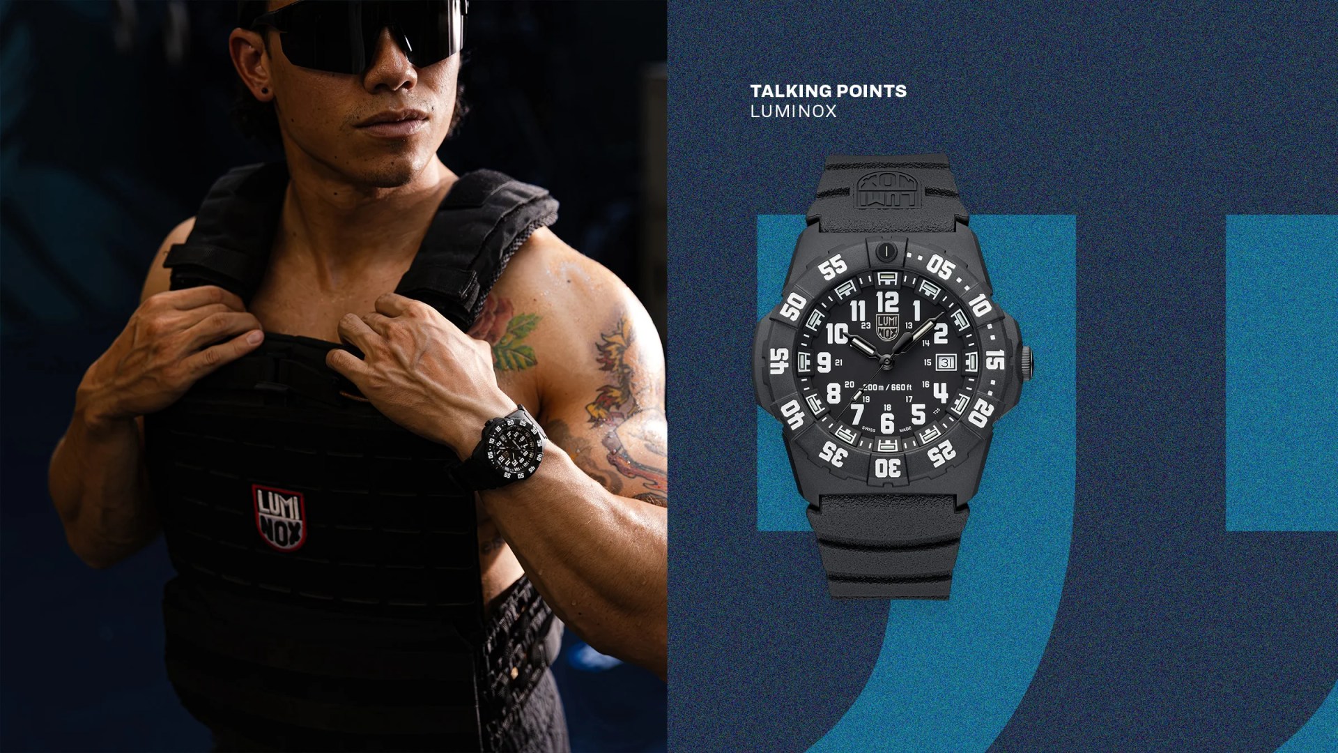 Man wearing black tactical vest and sunglasses with black Luminox wristwatch, alongside close-up of black Luminox watch with white numerals on blue background.