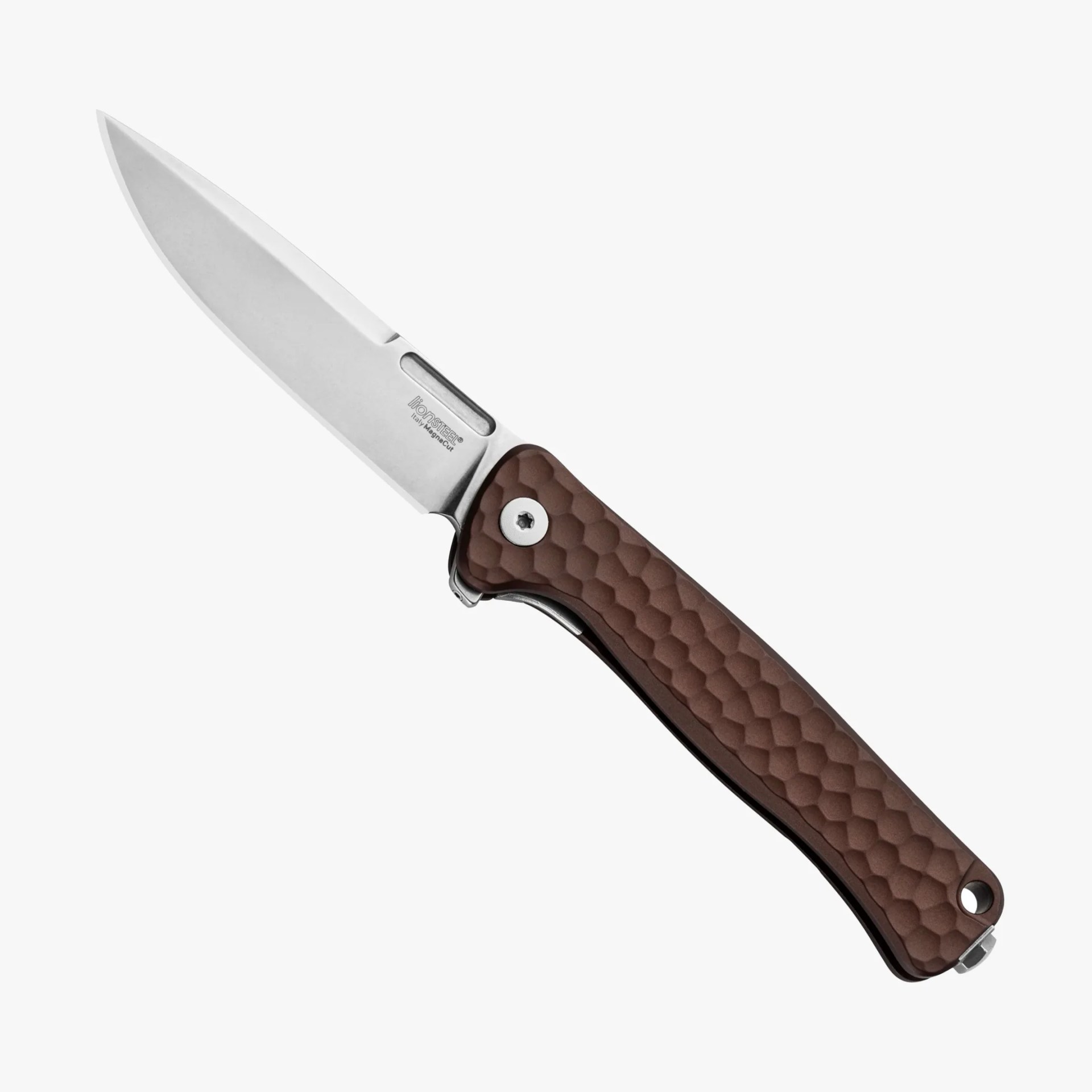 Folding knife with a silver blade and brown textured handle with a circular hole near the end.