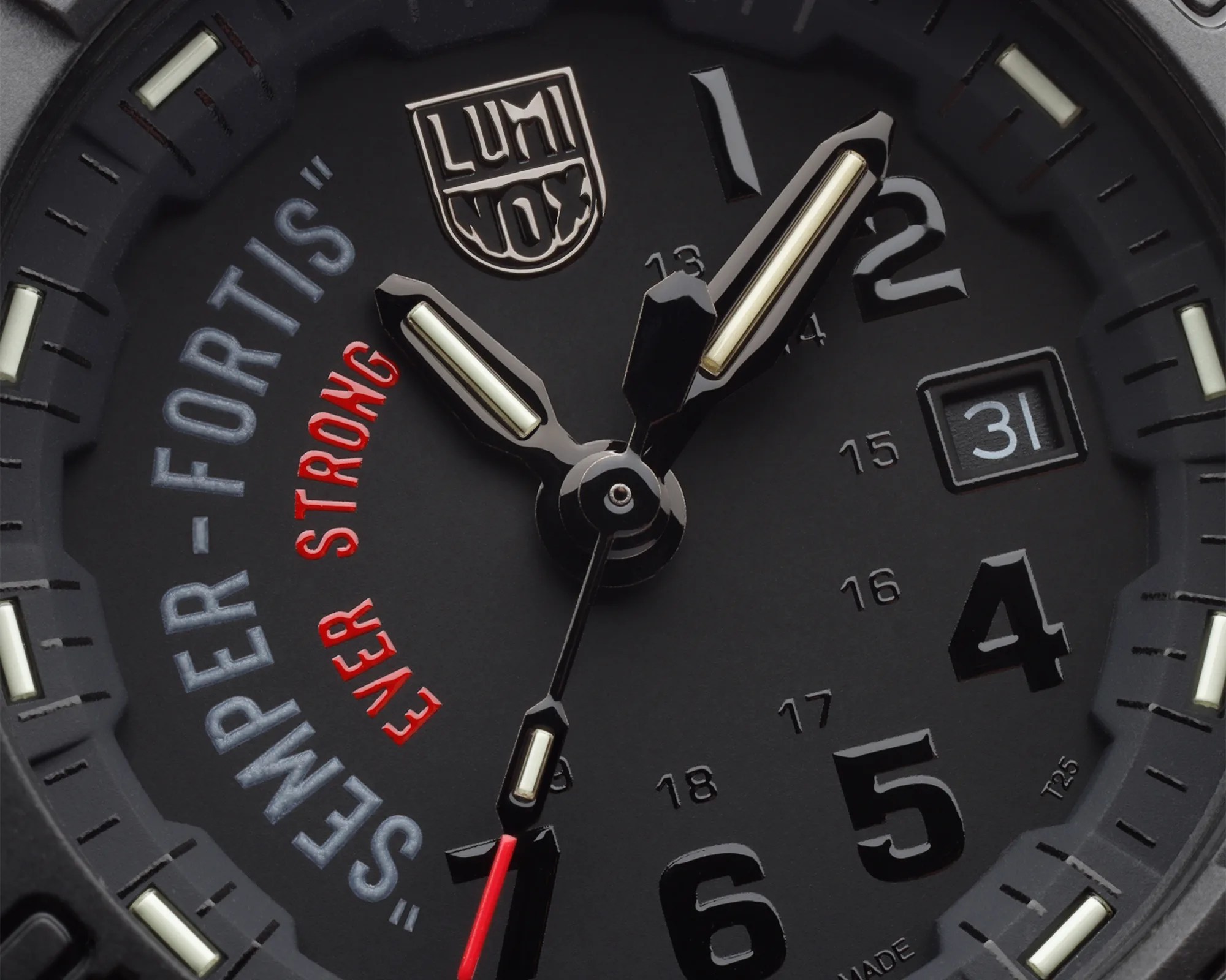 Close-up of a black Luminox watch face showing luminescent hour and minute hands, red second hand, date window, and "Swiss Made" text.