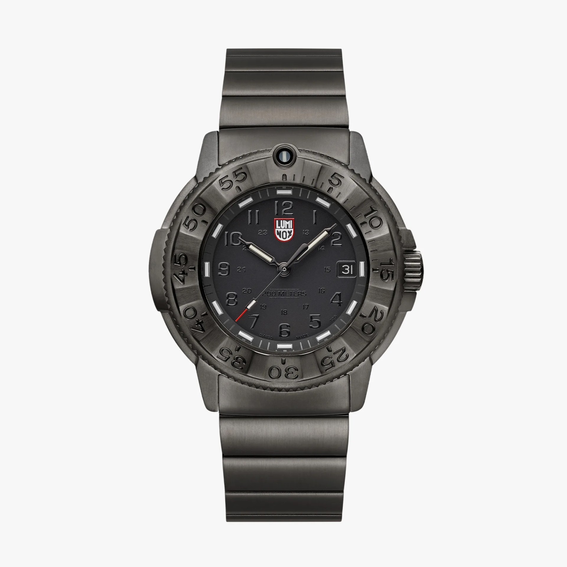 Gunmetal stainless steel Luminox wristwatch with black dial, luminous hands, and date display at 3 o'clock.