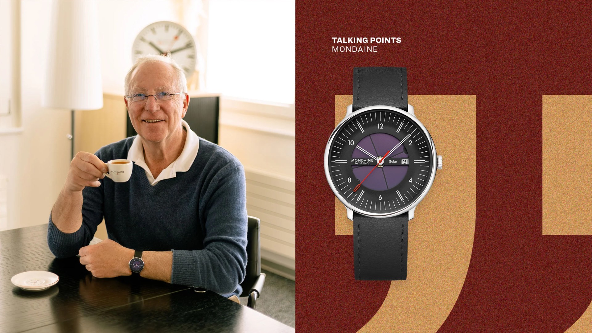 Elderly man wearing a black leather-strap Mondaine watch and holding a small white Mondaine espresso cup, next to a close-up of the watch with a black and purple dial on a red and gold background.