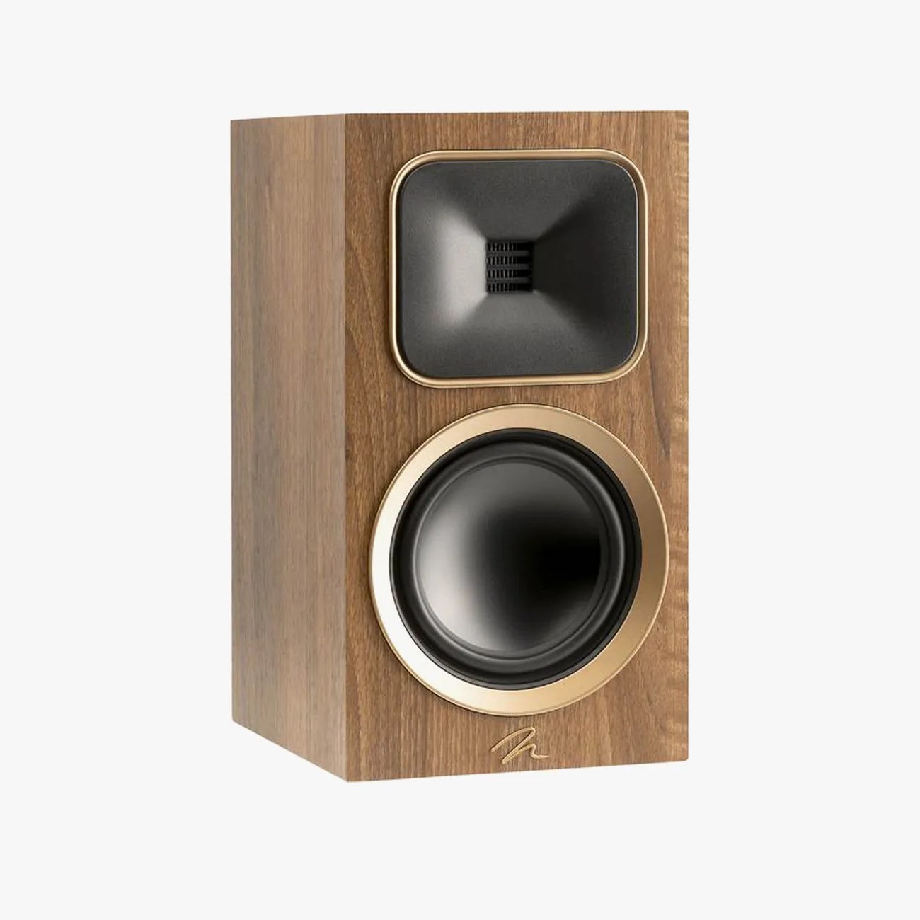 Wood-finished bookshelf speaker with black and gold speaker cones and a gold logo on the front.