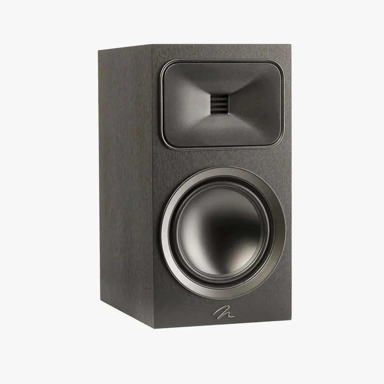 Black rectangular bookshelf speaker with a large woofer and a rectangular tweeter.