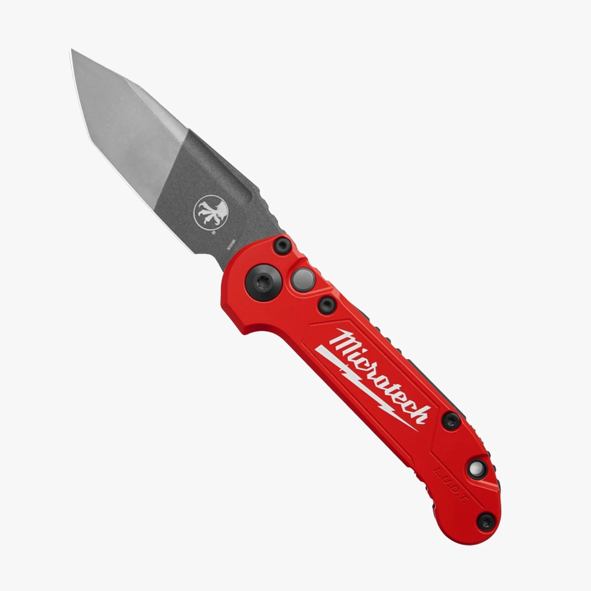 Red-handled folding knife with a stonewashed tanto blade and Microtech logo on the handle.