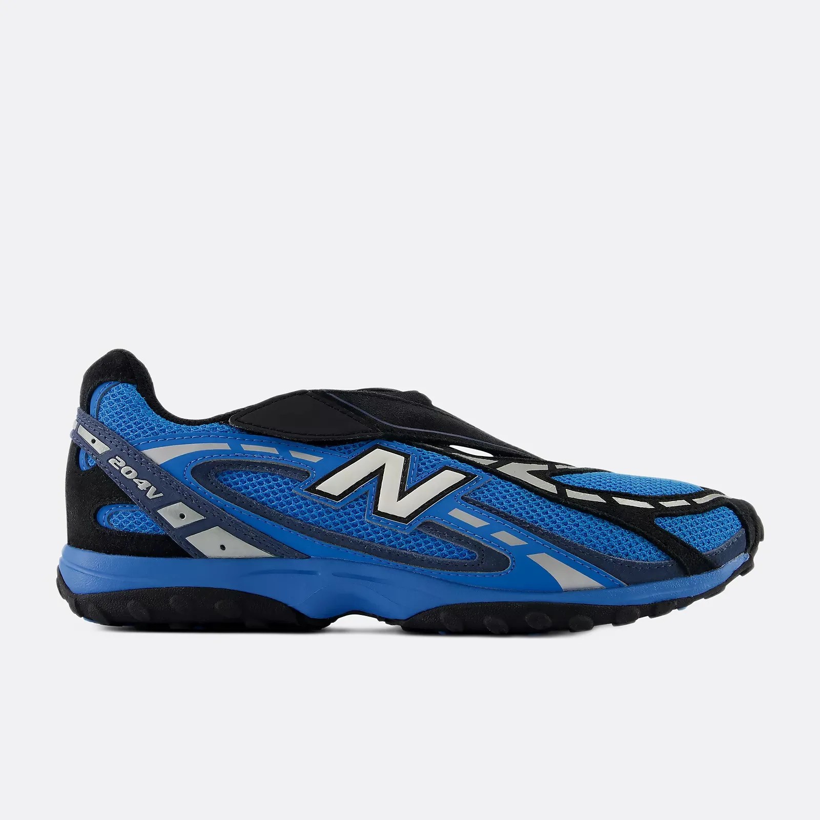 Blue and black New Balance 204V sneaker with mesh upper and reflective accents.