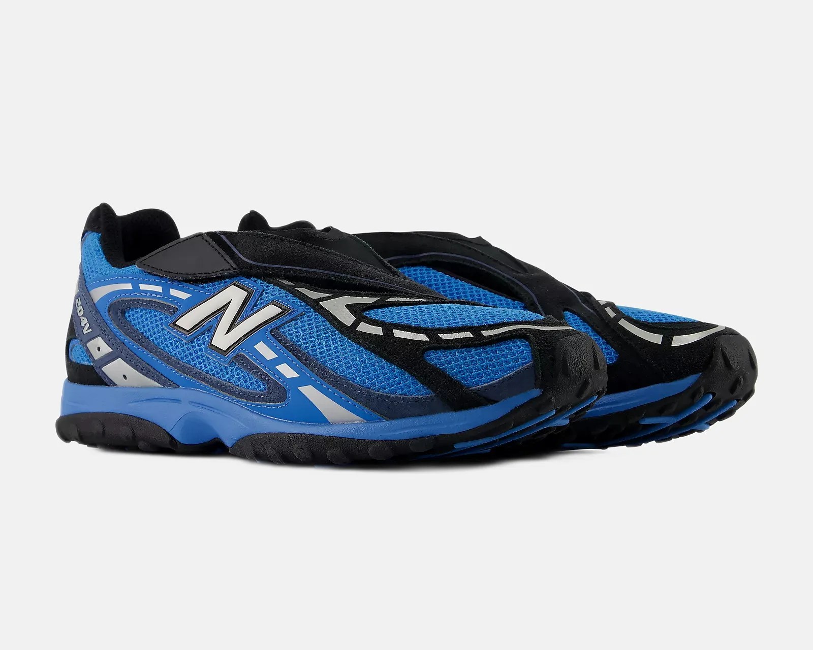 Pair of blue and black New Balance running shoes with mesh and synthetic overlays and reflective details.