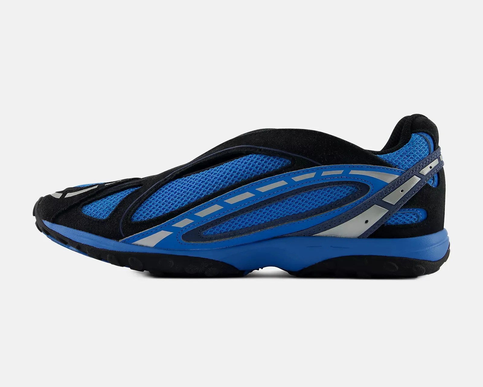 Black and blue mesh running shoe with reflective silver accents and a low-profile sole.