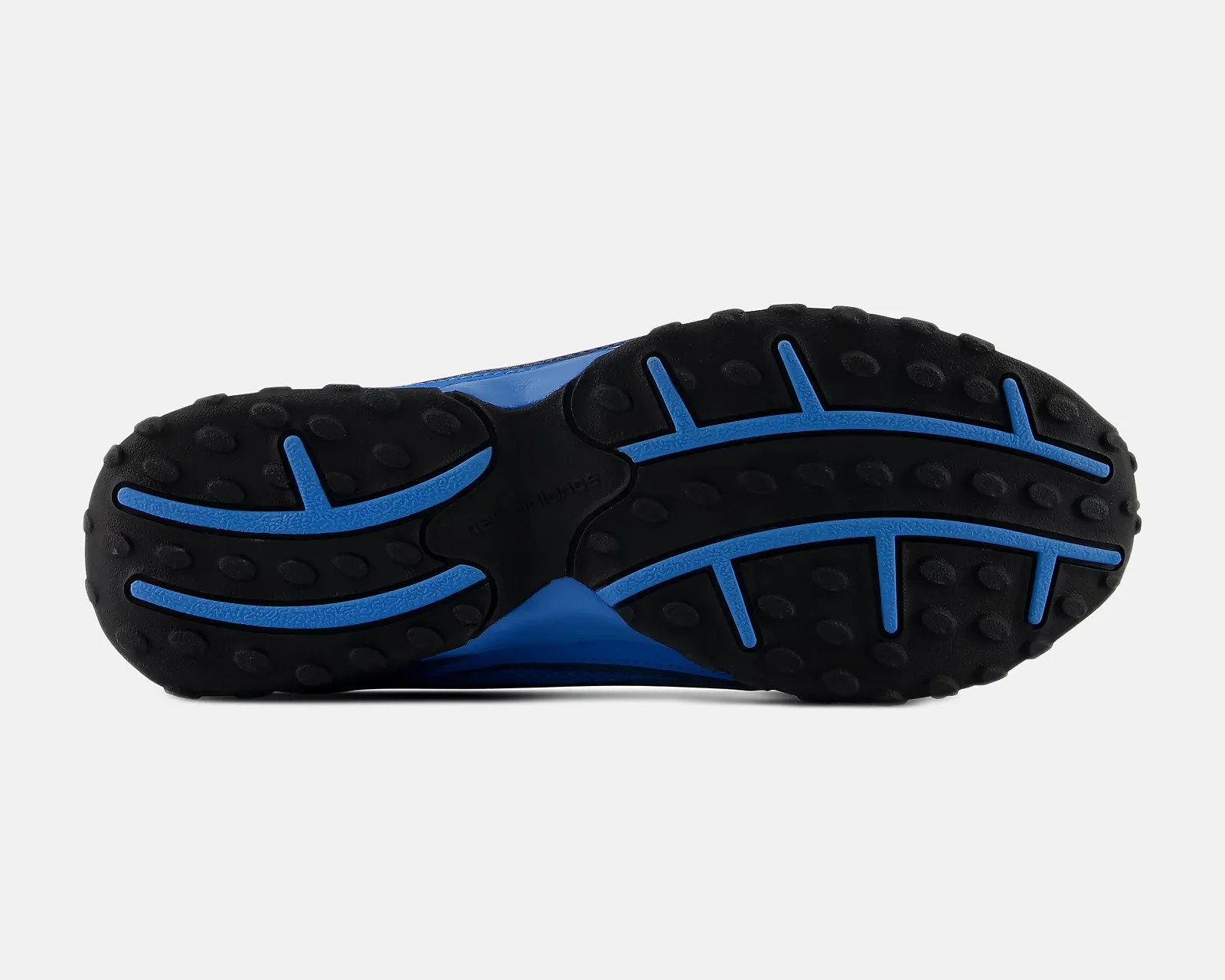 Black and blue rubber shoe sole with textured grip and "new balance" branding in the center.