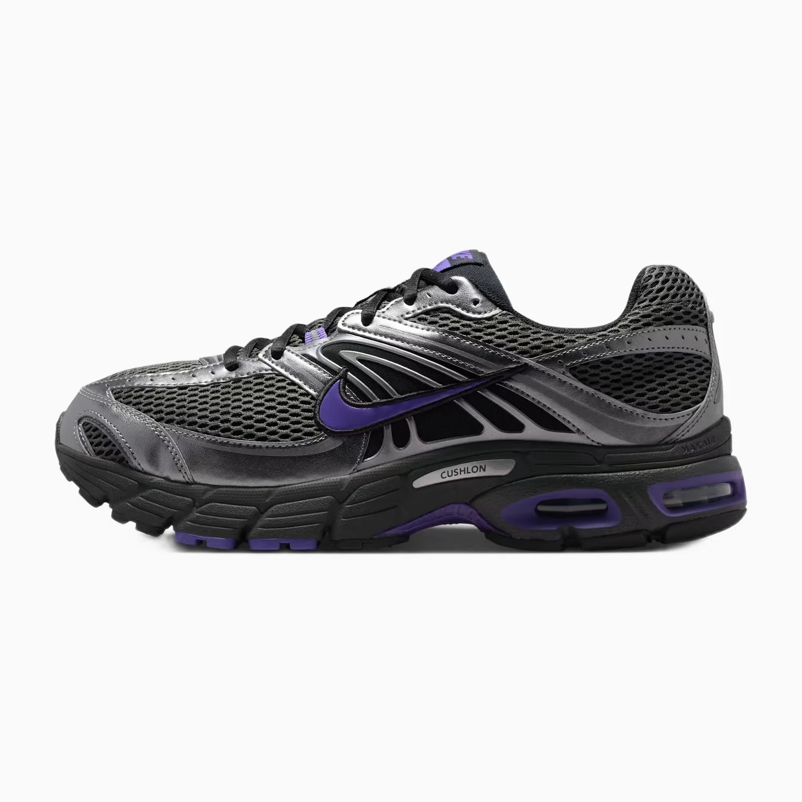 Black and purple Nike running shoe with mesh upper and cushioned sole.