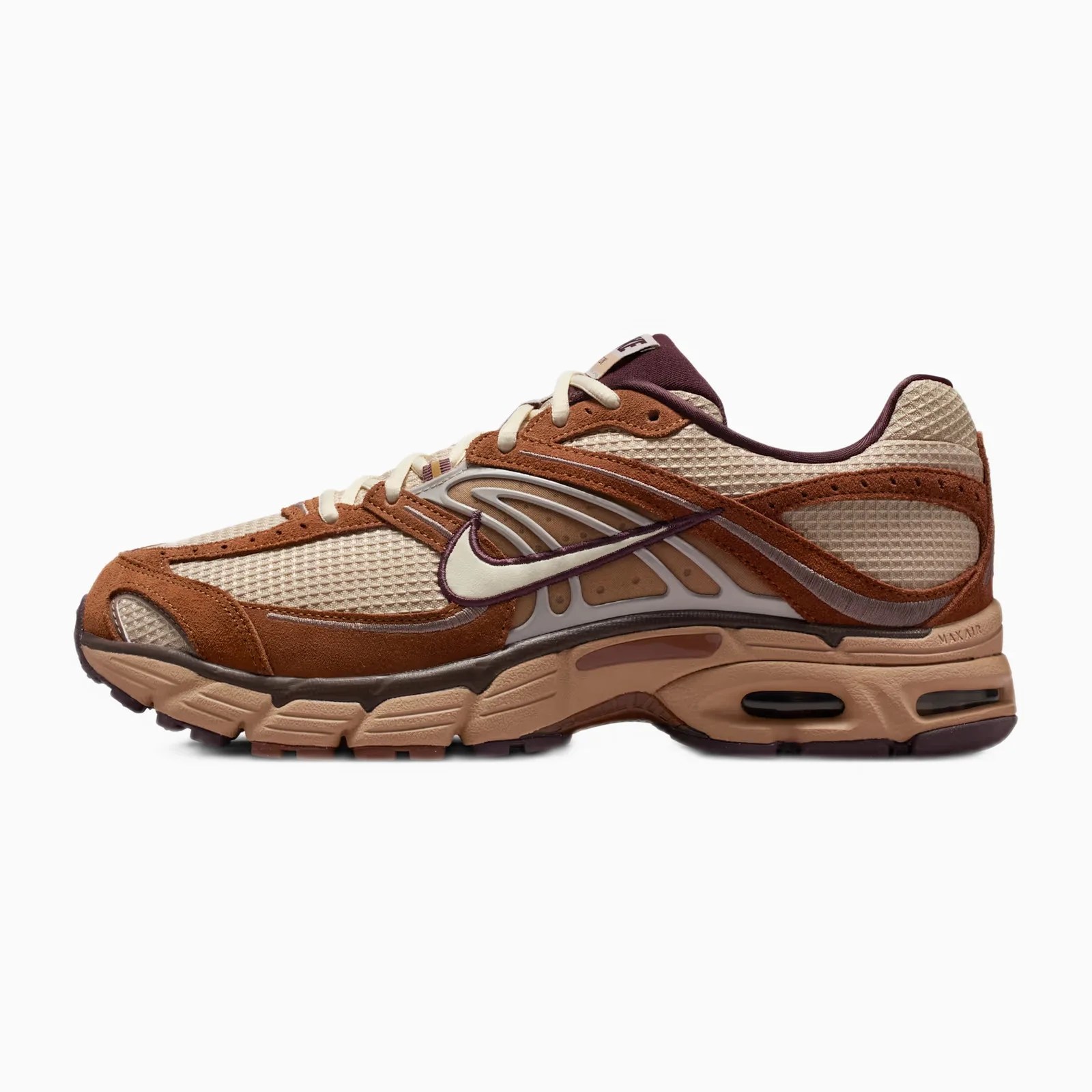 Beige and brown Nike Air Max sneaker with suede overlays and mesh upper, side view.
